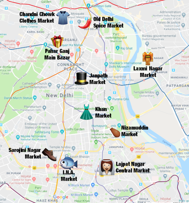 Carte des marchés de Delhi